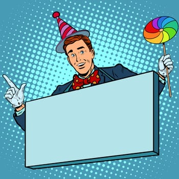 Circus poster clown promoter pop art retro style. The background for the text. Entertainment and concerts. Shows and festivals
