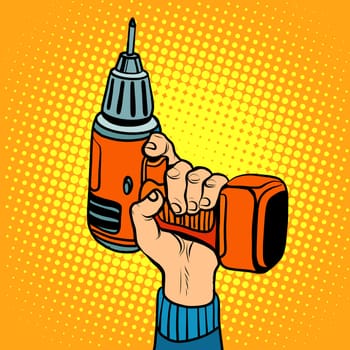 Hand with an electric drill. Home repair and tools. Pop art retro style vector tool