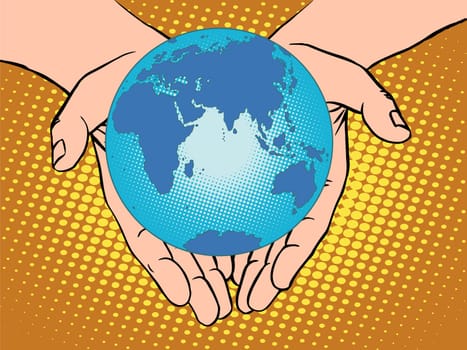 Planet Earth in hands pop art retro style. Earth day, environment Day. Ecology and nature. man hand. Eurasia, Africa, Australia, Antarctica, Europe, Asia