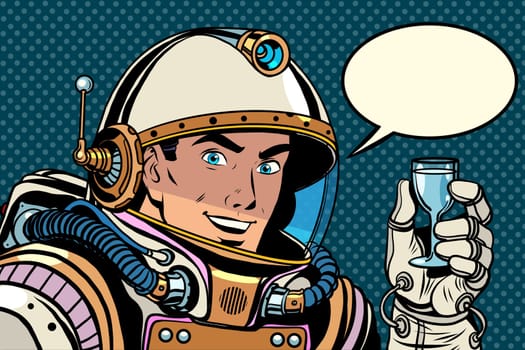 Cosmonaut toast celebration pop art retro style. Holiday. Day of cosmonautics. Astronaut retro birthday