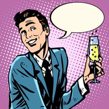 A cheerful man with a glass of champagne wines pop art retro style. Alcoholic drink. The holiday party congratulations toast