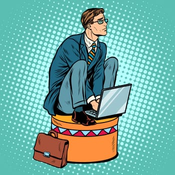 Businessman worker on a circus pedestal pop art retro style. The business concept submission, subordination, team work