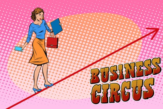 Businesswoman acrobat business circus pop art retro style. Balance in business. Woman walking on a rope at height. Chart of sales and growth. Circus and business