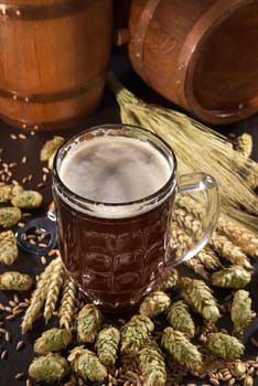 Beer glass with beer barrels,wheat,barley,hops and malt