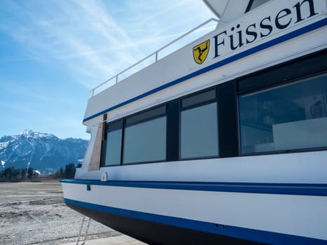 Side rear view of the passenger ship MS "Feet"" in front of the emptied Foggen lake near Feet."
