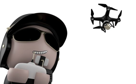 Policeman operating a drone with remote control. Isolated on white background with clipping path.