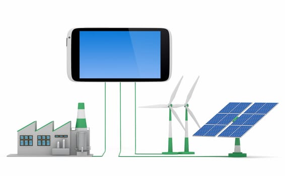 Ecofriendly concept. .Green factory, wind turbine and solar panel connected to smartphone isolated on white background.