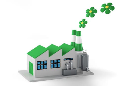 Environmentally friendly factory concept. Green factory isolated on white background.