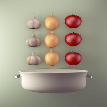 Artistic food composition. White pot with tomato, onion and garlic.
