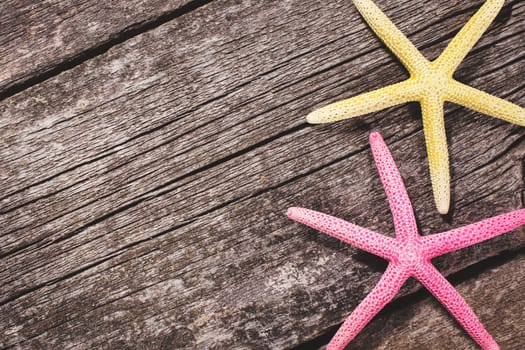 Starfish on old wooden background. space for text