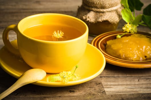 Still life with linden tea and honey, close-up