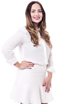 Attractive young fashion model wears a white dress