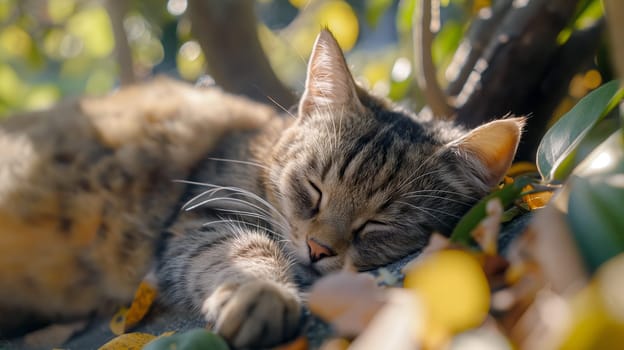 A tabby cat enjoys a tranquil nap on a soft surface surrounded by vibrant spring foliage in a sunny garden setting - Generative AI