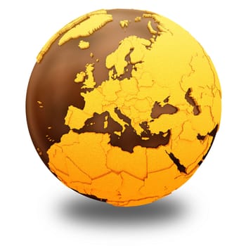 Europe on chocolate model of planet Earth. Sweet crusty continents with embossed countries and oceans made of dark chocolate. 3D illustration isolated on white background with shadow.