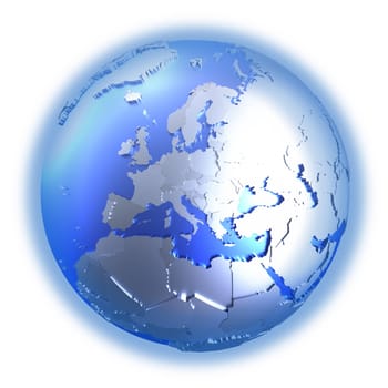 Europe on bright metallic model of planet Earth with blue ocean and shiny embossed continents with visible country borders. 3D illustration isolated on white background.