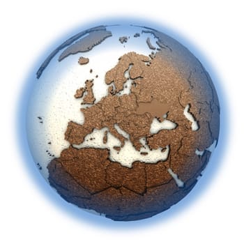 Europe on 3D model of planet Earth with oceans made of polystyrene and continents made of cork with embossed countries. 3D illustration isolated on white background.