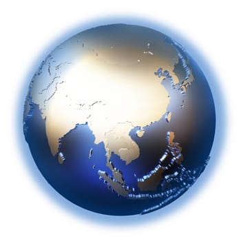 Southeast Asia on elegant metallic model of planet Earth with blue ocean and shiny embossed continents with visible country borders. 3D illustration isolated on white background.