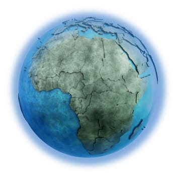 Africa on 3D model of planet Earth made of blue marble with embossed countries and blue ocean. 3D illustration isolated on white background.