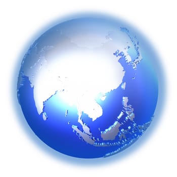 Southeast Asia on bright metallic model of planet Earth with blue ocean and shiny embossed continents with visible country borders. 3D illustration isolated on white background.
