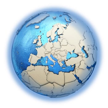 Europe on 3D model of blue Earth with embossed countries and blue ocean. 3D illustration isolated on white background.