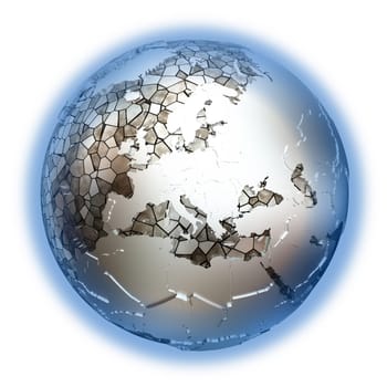 Europe on metallic model of planet Earth. Shiny steel continents with embossed countries and oceans made of steel plates. 3D illustration isolated on white background.