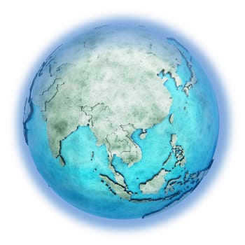 Southeast Asia on 3D model of planet Earth made of blue marble with embossed countries and blue ocean. 3D illustration isolated on white background.