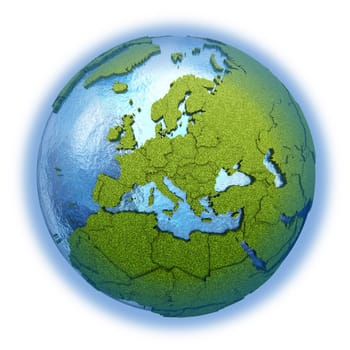 Europe on 3D model of planet Earth with grassy continents with embossed countries and blue ocean. 3D illustration isolated on white background.