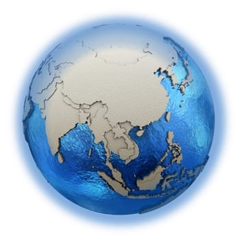 Southeast Asia on 3D model of blue Earth with embossed countries and blue ocean. 3D illustration isolated on white background.