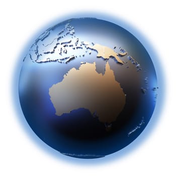 Australia on elegant metallic model of planet Earth with blue ocean and shiny embossed continents with visible country borders. 3D illustration isolated on white background.