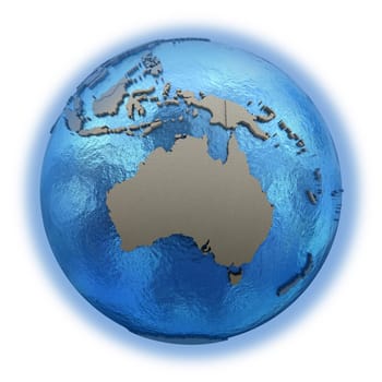 Australia on 3D model of blue Earth with embossed countries and blue ocean. 3D illustration isolated on white background.