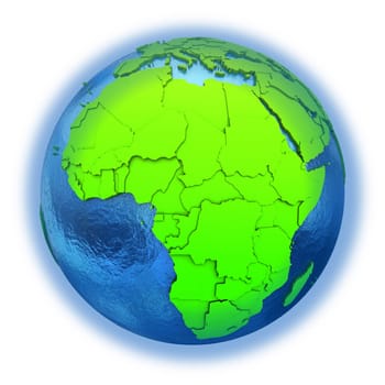 Africa on elegant green 3D model of planet Earth with realistic watery blue ocean and green continents with visible country borders. 3D illustration isolated on white background.