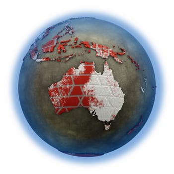 Australia on brick wall model of planet Earth with continents made of red bricks and oceans of wet concrete. Concept of global construction. 3D illustration isolated on white background.