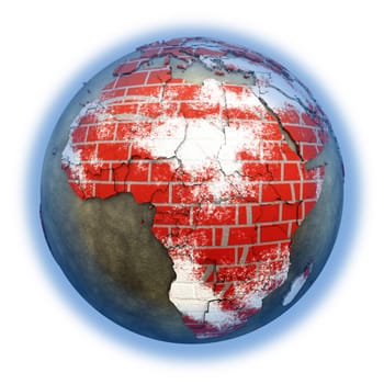 Africa on brick wall model of planet Earth with continents made of red bricks and oceans of wet concrete. Concept of global construction. 3D illustration isolated on white background.