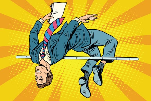 Businessman high jump pop art retro style. Sport and business. Success achievement victory