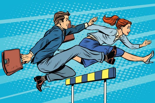 Business competition woman and man running pop art retro style. Running hurdles. Sport and business.