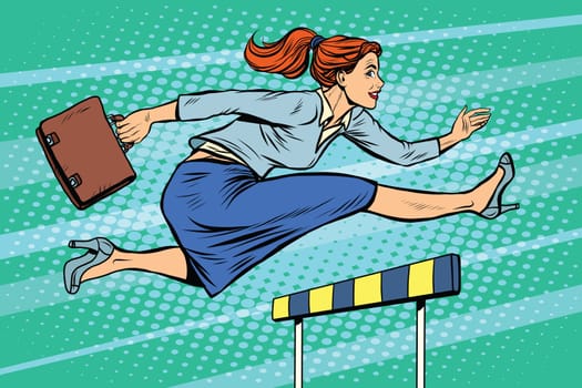businesswoman running hurdles pop art retro style. A woman in business. Competition and work. Career