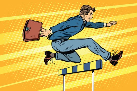 Businessman running hurdles pop art retro style. Sport and business. Business career
