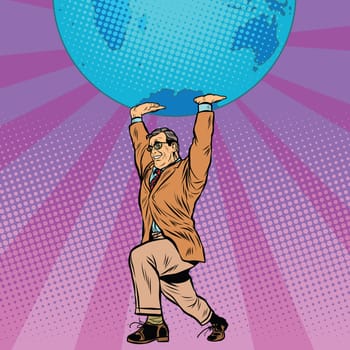 International business boss keeps planet Earth pop art retro style. The global economy. Male athlete