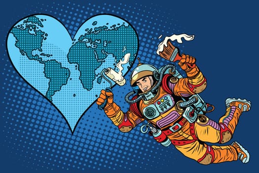 Environment day, Earth heart and the astronaut pop art retro style. Space and ecology. Repair beloved planet Earth.
