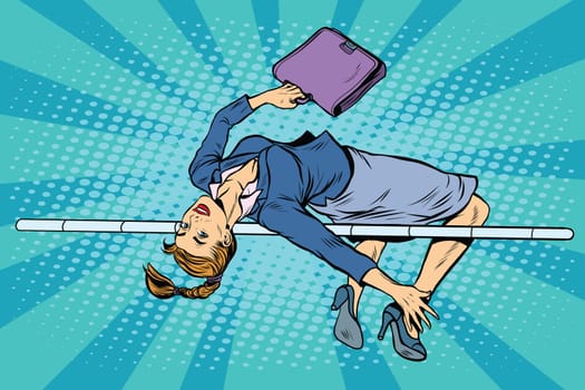 businesswoman high jump pop art retro style. Business and sport. Achievements and victories. Business success