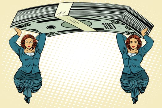 Female caryatids holding bundle of dollars pop art retro style. Ancient architecture in business topics.