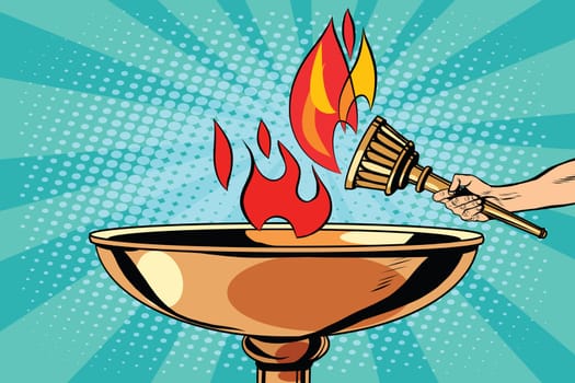 Fire torch bowl of fire pop art retro style. Antique fire. Sports fire. Vector torch