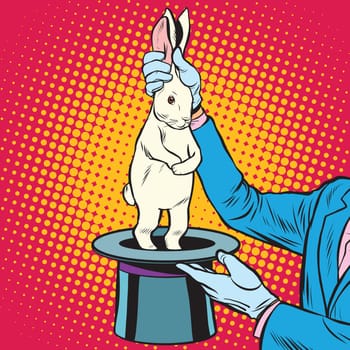 white rabbit in the magicians hands pop art retro style. Circus arts. Circus animals