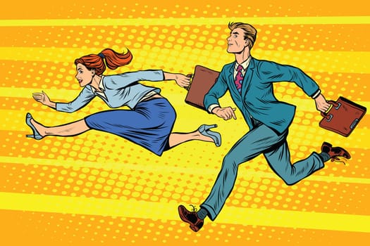 Businessman and businesswoman running competition pop art retro style