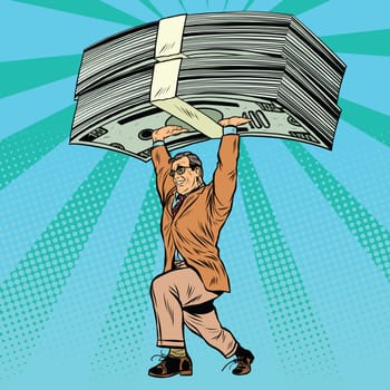 financial success, businessman and money pop art retro style. Millionaire with dollars
