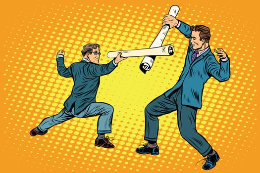 Businessmen fencing competition ideas pop art retro style. Plans and schemes. Businessmen. Architecture and construction. Sport and business