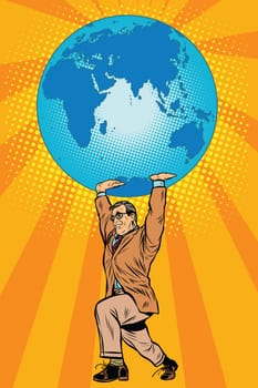 International business boss keeps planet Earth pop art retro style. The global economy. Male athlete