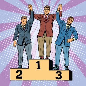 Competition in business, winner loser pop art retro style. The first place. The pedestal of the competition