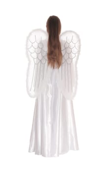 A angel in a long white satain dress with wings and long brown hair.standing from the back isolated for white background..