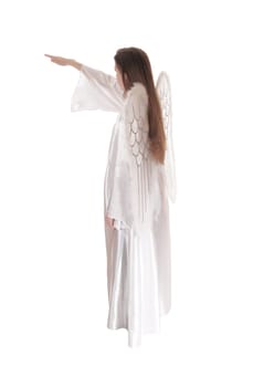A angel in a long white satain dress with wings and long brown hair.standing in profile with one arm raised, isolated for white background..